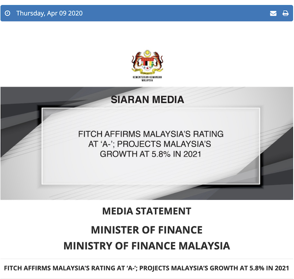 4. Ministry of Finance: Fitch Affirms Malaysia's Rating at A-, Projects Malaysia's Growth at 5.8% in 2021