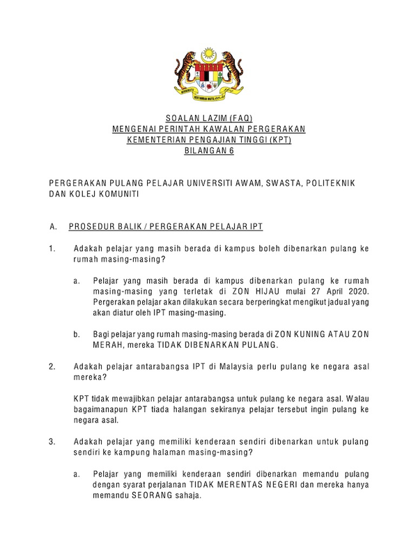 Ministry of Higher Education: FAQ on Movement of Returning Students