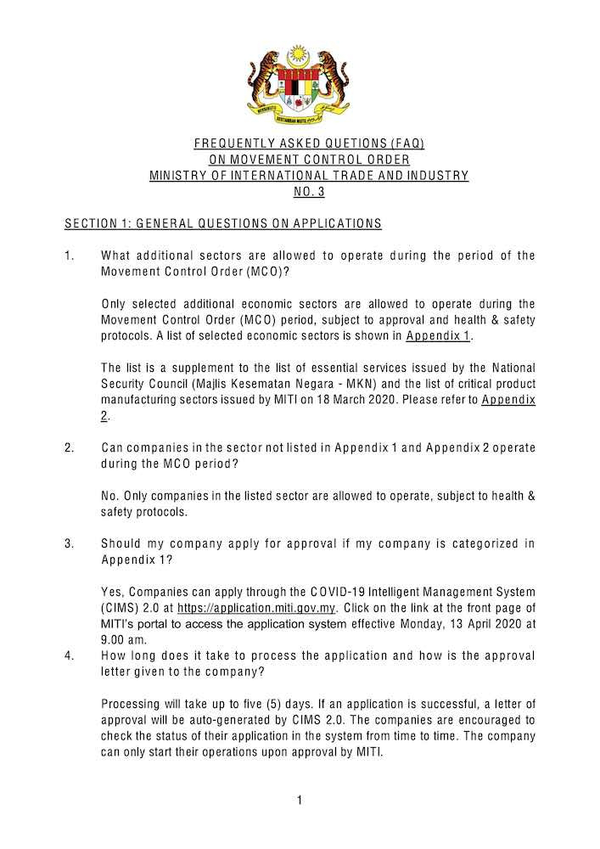 3. MITI: FAQ on Additional Sectors Allowed to Operate During MCO