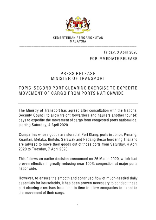 4. Ministry of Transport - Second port clearing exercise to expedite movement of cargo from ports nationwide