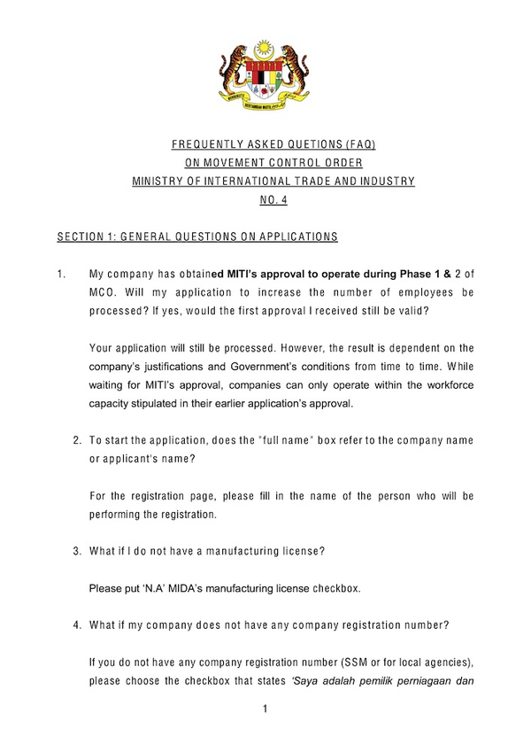 1. MITI: FAQ for Companies Applying to Operate During MCO